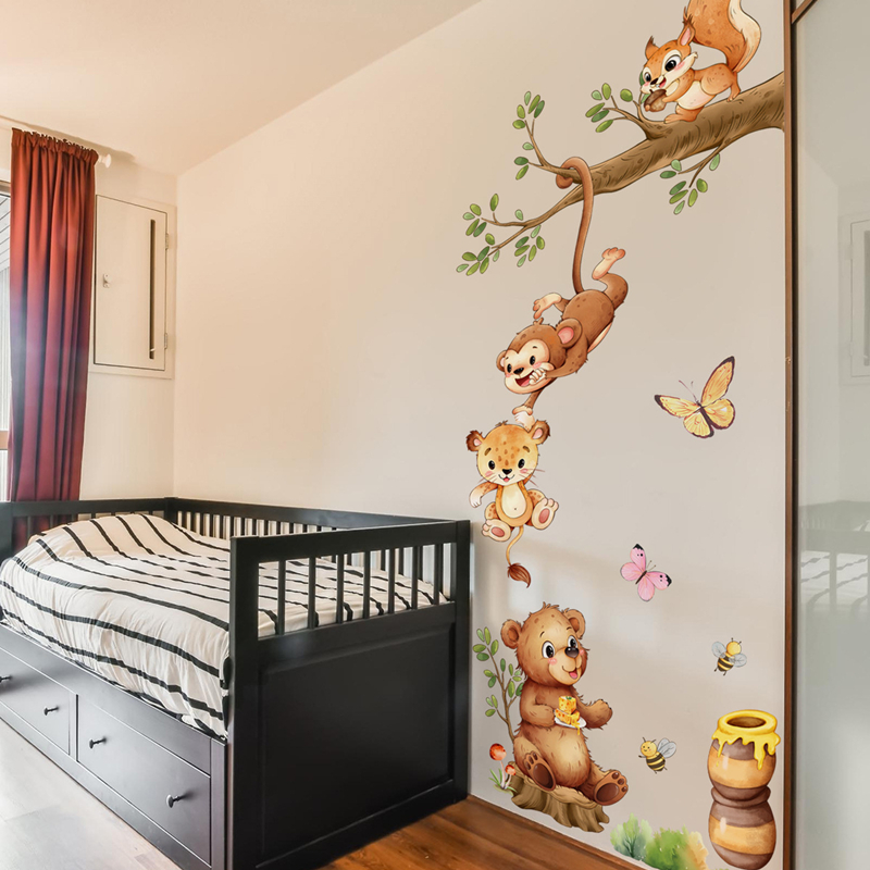 Kids Education Room - 動物の枝かわいい猿蝶蜂ビニールウォールステッカー子供部屋用家の装飾赤ちゃん教育面白いアニメポスター