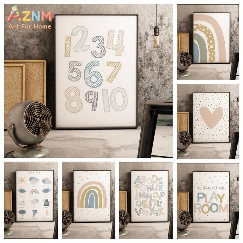 Kids Education Alphabet Numbers - AZNM ボヘミアンキッズ教育用キャンバスウォールアート レインボーアルファベット 数字 天気プリント フレームレスキャンバス絵画