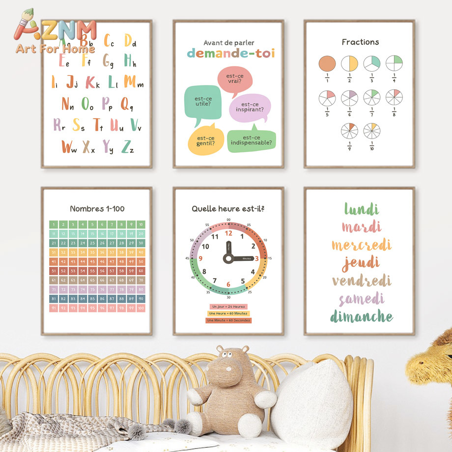 Kids Education Alphabet Numbers - AZNM フランス製子供向け教育用キャンバスウォールアート アルファベット 数字 時計 分数