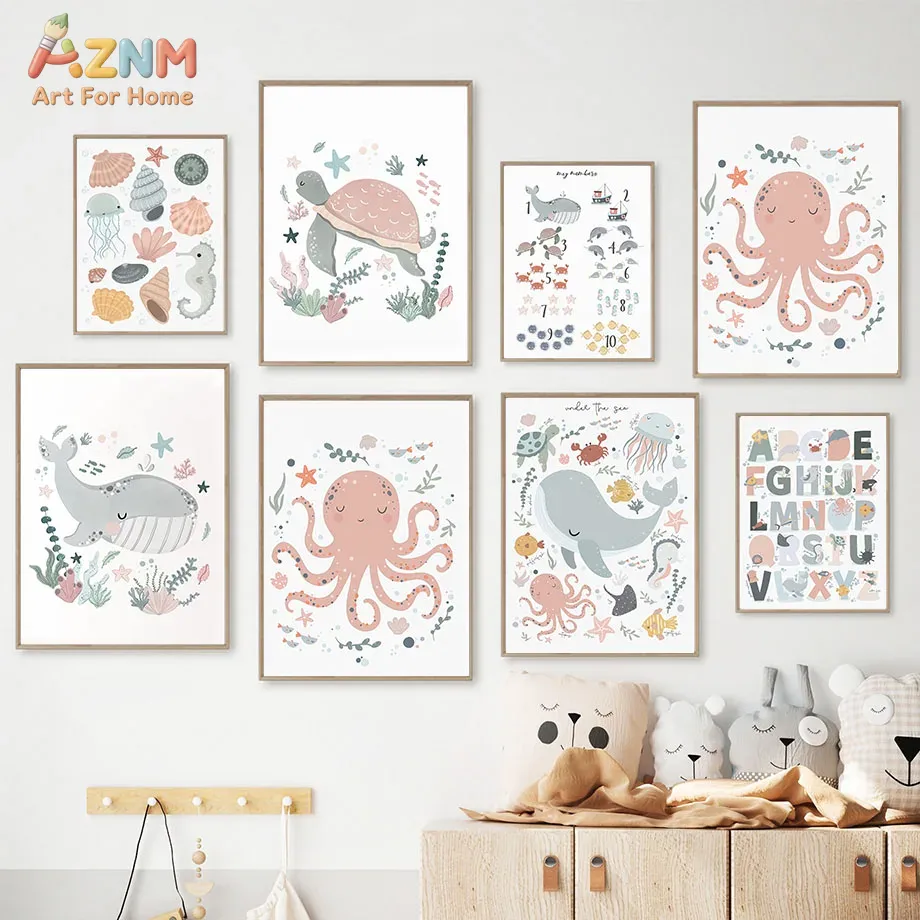 Kids Education Room - AZNM 保育園海の動物キャンバスウォールアート タコ クジラ カメ プリント