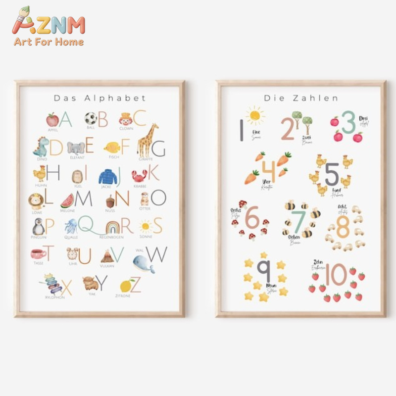 Kids Education Alphabet Numbers - AZNM ドイツ語アルファベット数字キャンバスウォールアート、Das Alphabet Die Zahlen 水彩プリント、子供部屋教育用ホームデコレーションポスト