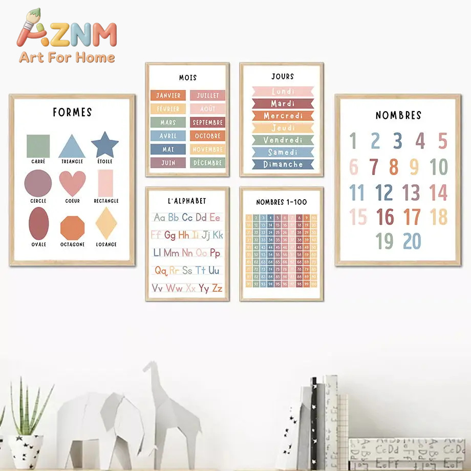 英語 フランス語 数字 アルファベット 形状 キャンバス絵画 - Kids Education Alphabet Numbers のレビューと価格