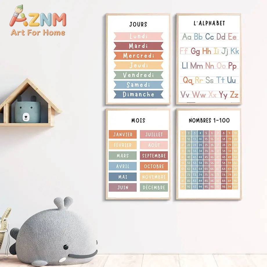 英語 フランス語 数字 アルファベット 形状 キャンバス絵画 - Kids Education Alphabet Numbers のレビューと価格