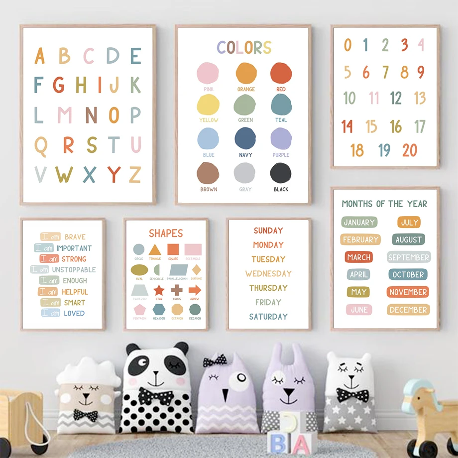 英語教育ポスター アルファベット 数字 色 形状 ウォールア - Kids Education Alphabet Numbers のレビューと価格