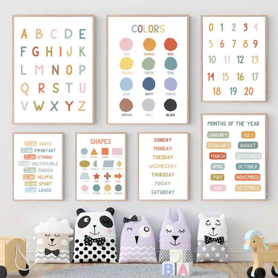 英語教育ポスター アルファベット 数字 色 形状 ウォールア - Kids Education Alphabet Numbers のレビューと価格